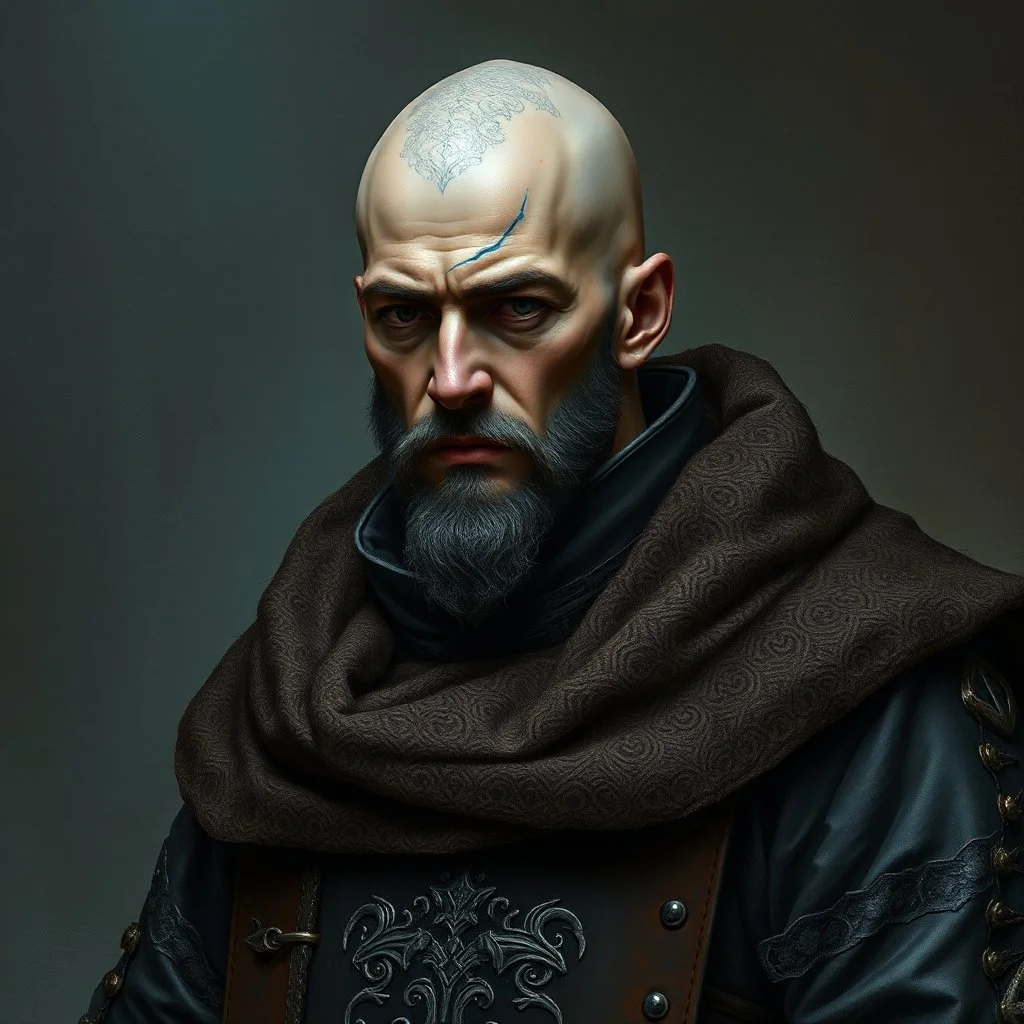 A bald tattoed grey-skinned nobleman with a renaissance coat fantasy grimdark realistic