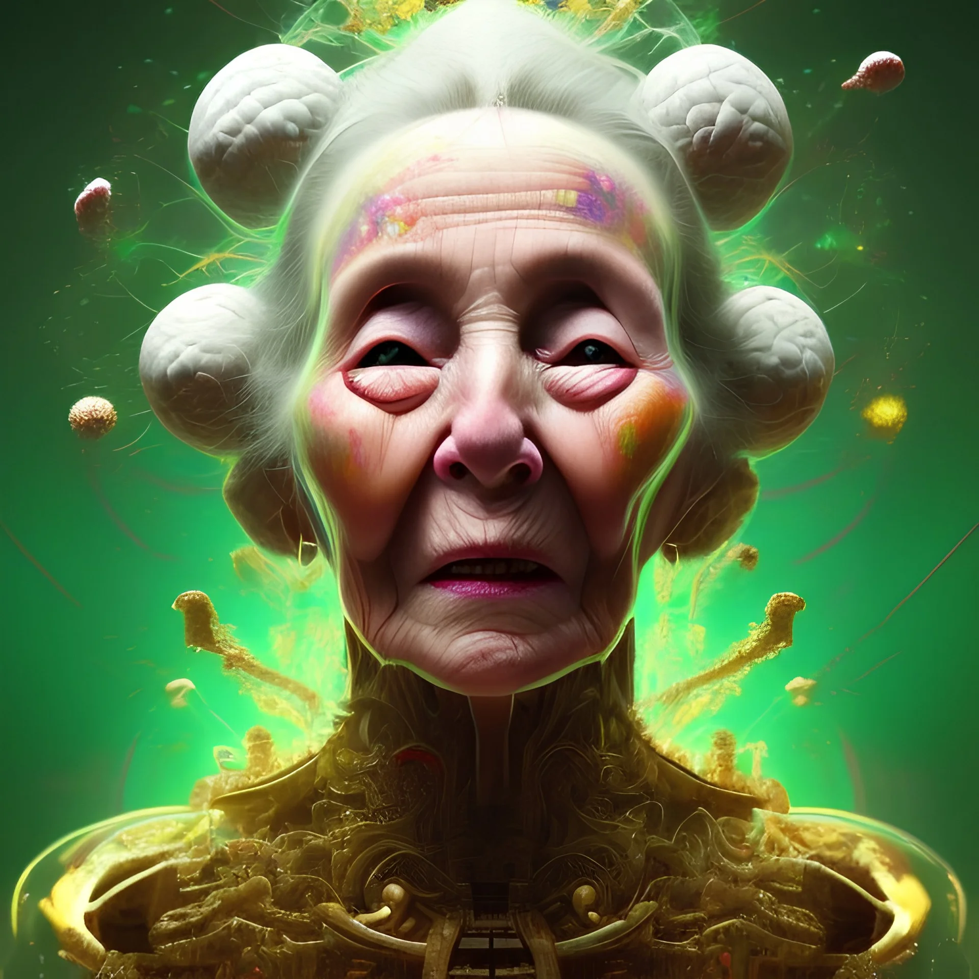 Octane render. 4K Oil painting. Fine art. Detailed. Fractal. Chakras. Sacred geometry. a brain exploding. kintsugi. Chaos. Portrait of a old woman crying.a mind fracturing.confusion. Tears the colour of oil.