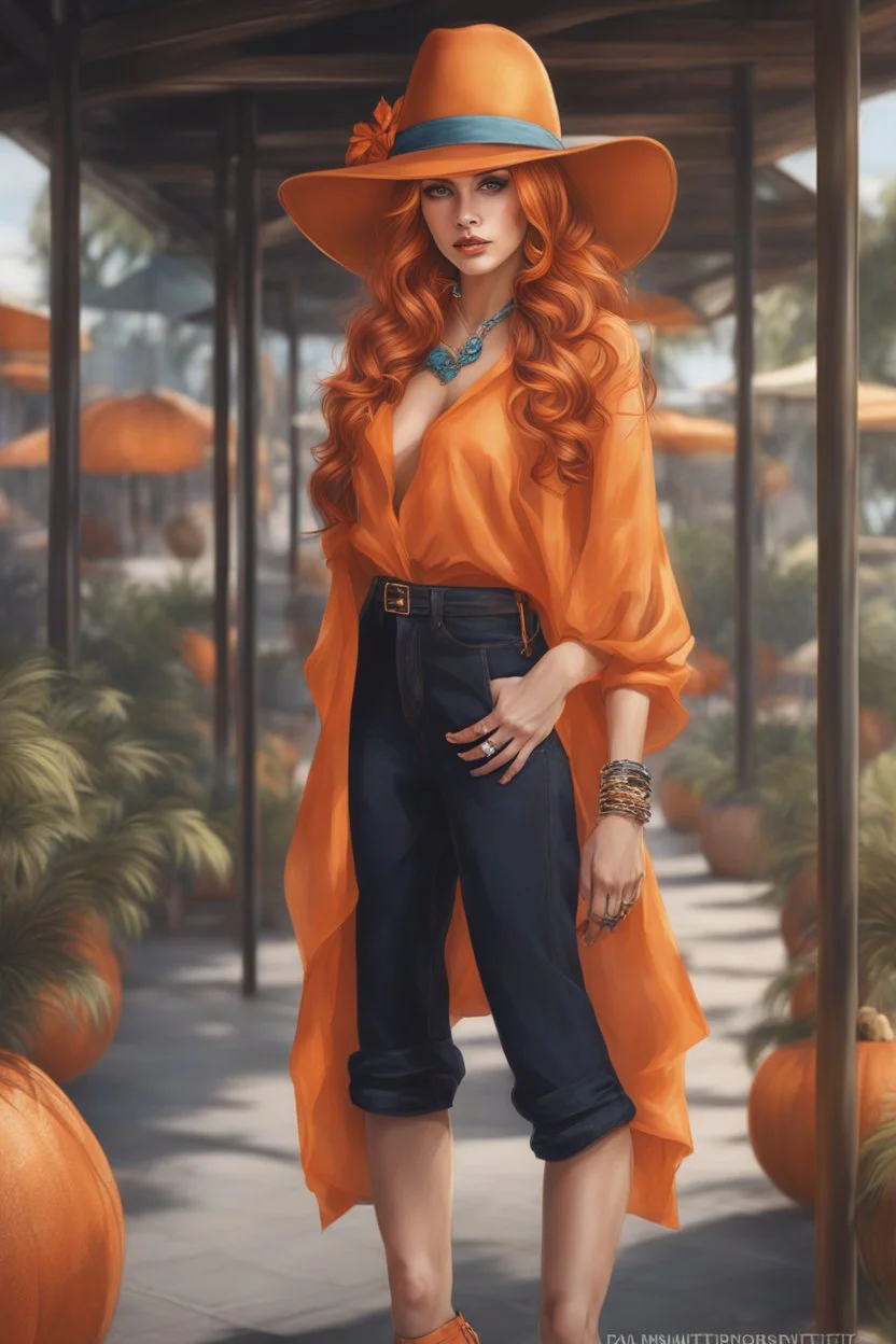 Full body of beautiful girl nami, Hair Color: Orange, Style: Wavy, Outfit Top: Blue, Outfit Bottom: Orange, Shoes: Brown, Accessories: Tangerine, Weapon: Clima-Tact, Hat: Straw, Tattoo: Pinwheel, Earrings: Hoops, sophisticated,, beautiful woman, hyper realistic, hyperrealism, photoreal, realistic, photorealistic, soft pastels, full-body, standing, long shot, wide angle, aesthetic