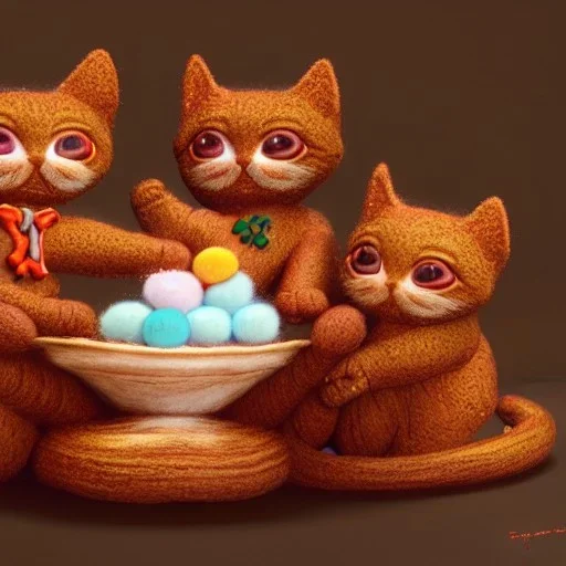 multiple gingerbread kittens, gumdrop eyes, vibrant, ball of yarn, 8k resolution, centered, high-quality, fine-detail, digital art, detailed matte, volumetric lighting, illustration, 3D octane render, brian froud, howard lyon, greg rutowski, George Grie