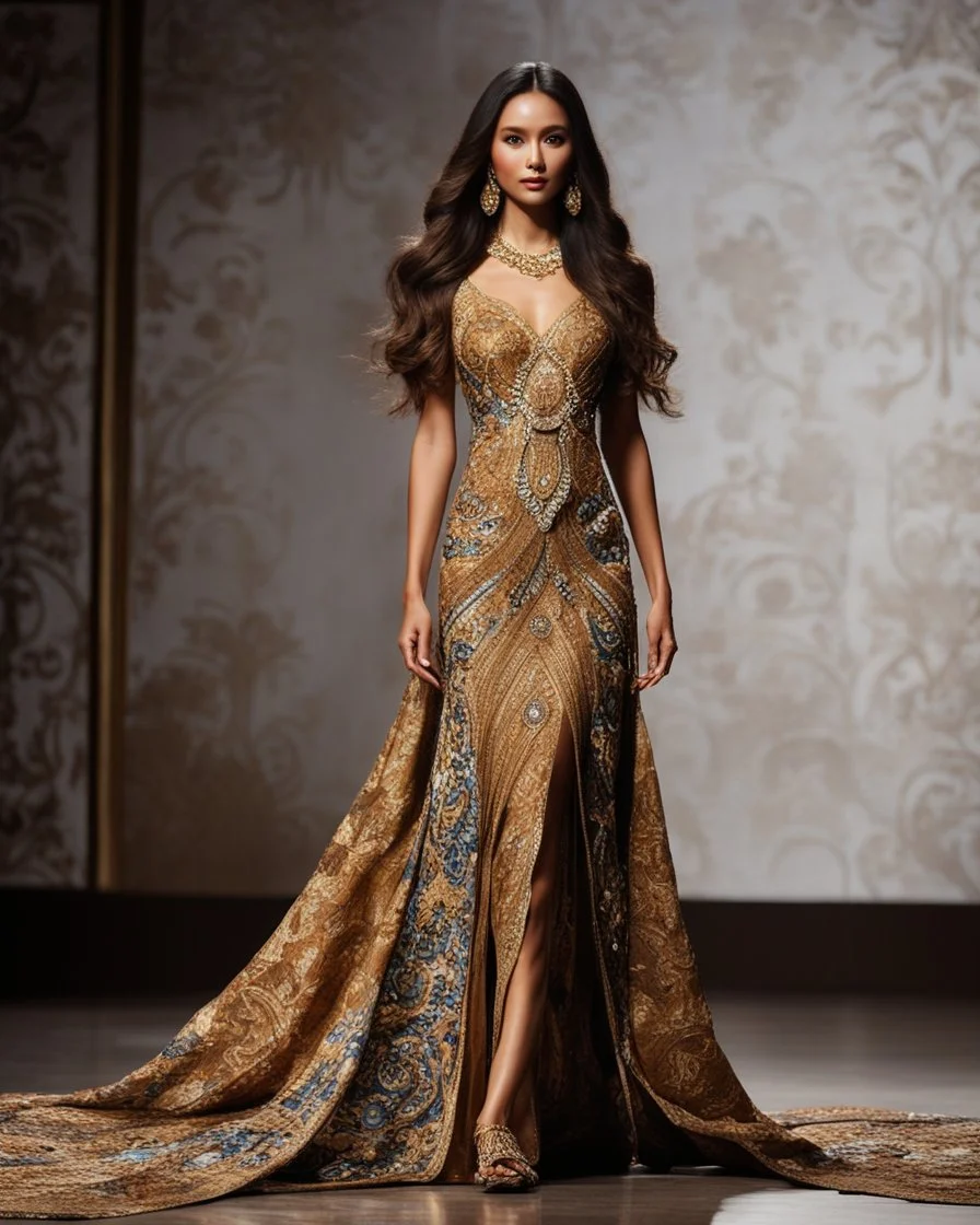 Full length picture A beautiful super model woman in a luxury butterfly gown batik pattern javanese heritage dress with delicate gold and full diamonds colored crystal jewelry, walking on stage with brown long hair