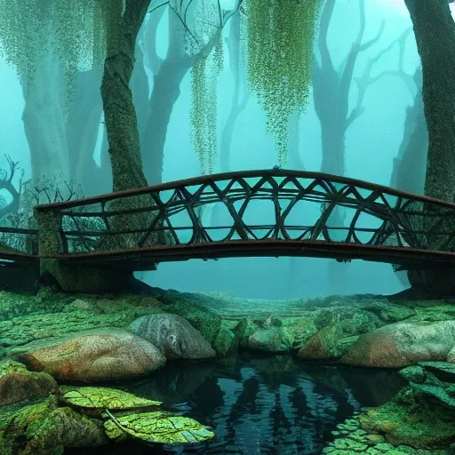 forest and bridge underwater at the bottom of a lake, school of fish, 8k Resolution, Fine-Detail, High-Quality, Intricate, Detailed Matte, 3d Octane Render, Beautiful, Stunning, Brian Froud, Selina French, Howard Lyon, Greg Rutowski, Annie Dittman, Annie Stokes