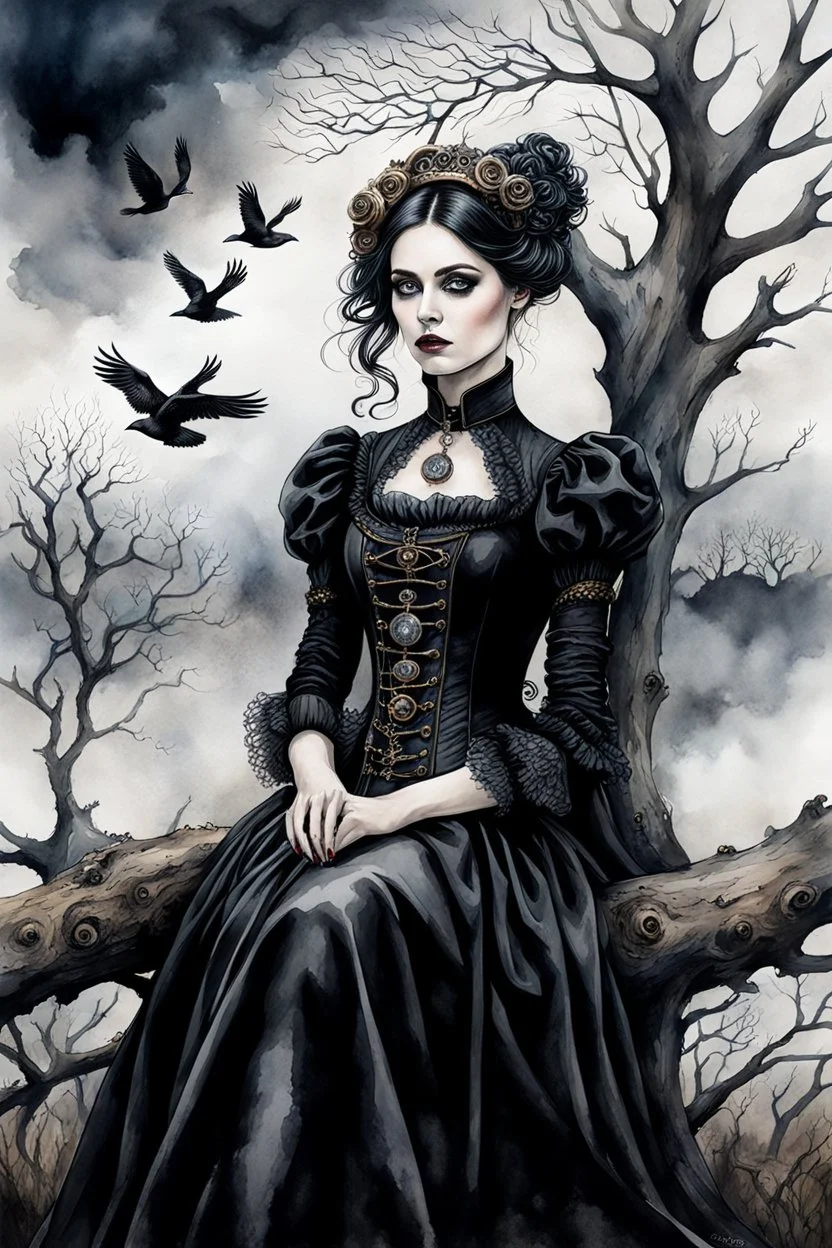 hyper realistic watercolor art style with ink of a steampunk gothic style young woman. She is like doll with pale skin, big dark eyes, tiny nose, tiny mouth, dark hair in gothic dress sitting on a dry tree branch. deep, dark colors, her face is melancholic, surreal with mysterious elements. fog, barren landscape, crows in the gray sky, thriller, weird style, smooth blending, extremely detailed, realistic textures, cinematic, dramatic lighting