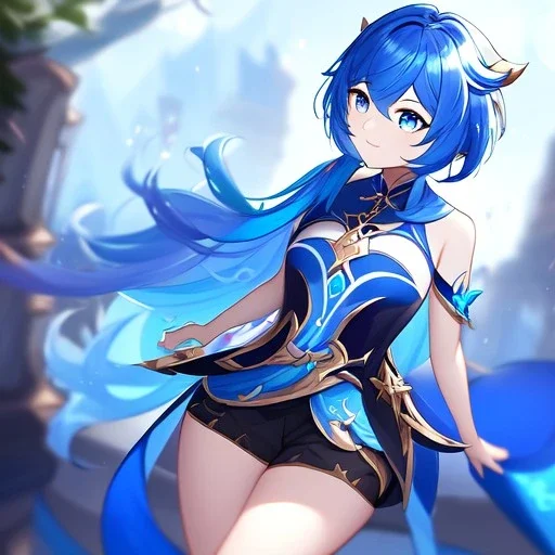 Clear focus,High resolution, Vibrant short blue hair, Vibrant blue eyes, Genshin impact inspired outfit, wearing a short skirt