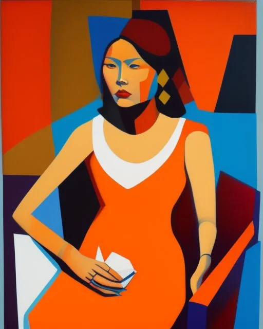 painting of a tired woman sitting on a chair, cubist vibe, sleeveless, oilpaint, variations around female, scarlet and orange blast color dynamics, 1970s philippines, family portrait,centre composition, viet aspect