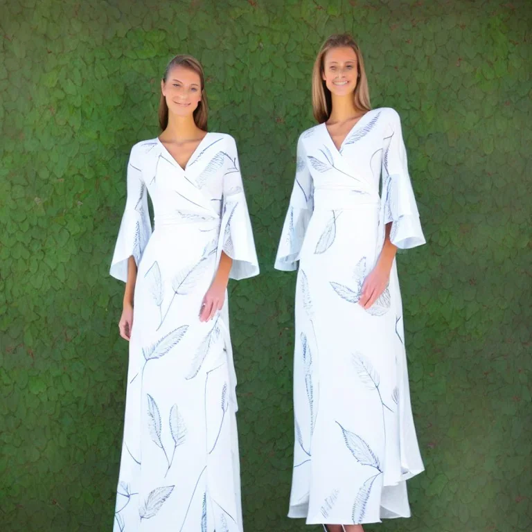 A white wrap dress with long flutter sleeves, midi viscoso fern leaf Pattern fabric fashion sketch