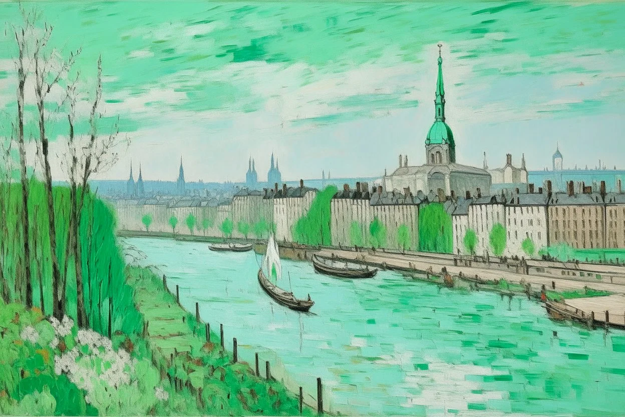 A mint colored noisy metropolis painted by Alfred Sisley