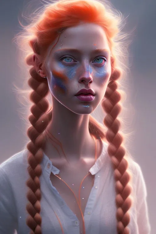 Woman 20 anni, cute, beautiful, orange hair, two braids, wild bangs, blue eyes, big eyes, freckles, long eyelashes, pink lipstick, thin lips, small nose, Gillian from Practical Magic, 8k resolution concept art portrait by Greg Rutkowski