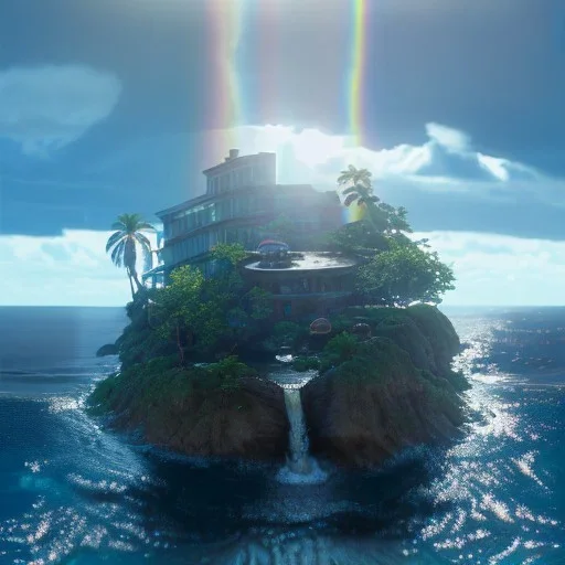 The Isometric Glass Tall Box Mini Model Little Real Island Mixed Water Fall rainbow Under Ocean Sunshine Summer Background Blue Sea, The Last Of Us / Avatar, Octane Render / ZBrush, Cinematic, IMAX Film, Nikon D750, 16K, Autostereoscopy, Anthropomorphic, Golden Ratio, Geometry, Symmetric, Depth Of Field, Highly Detailed, Ultra Realistic, Beautiful Lighting, Halfrear Lighting, Soft Light, Candoluminescence, Cast Shadow, Reflective, Glow, Translucent, Normal Map, Carbonated --testp