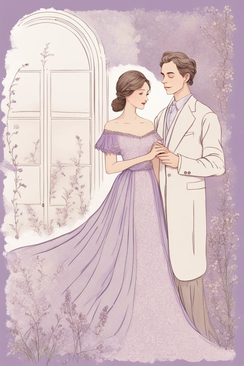 an illustration of a Beautiful woman AND MAN stands gracefully in an elegant, flowing lavender dress adorned with delicate floral patterns and lace. The backdrop behind her transitions from cream at the bottom to soft hues of lavender at the top, creating a whimsical and almost magical atmosphere. To her right, a piece of lined paper appears, as if torn from a notebook. The borders of this paper are embellished with beautiful flowers, by Ryohei Hase, Agnes Cecile, Raymond Swanland, Anne Bachelie