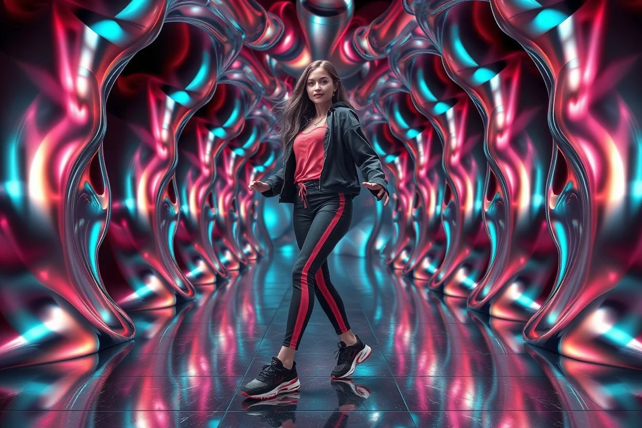 beautiful lady with todays modern clothing and sport shoes, in surreal stage made of 3d fractal random size recursive objects with helical strip colors in clothing similar to environment full body dancing to camera,animating background metallic random color and size recursive objects