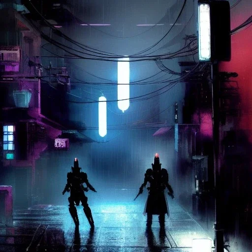 A portrait of a Robot, Japanese cyber samurai, art by Yoji Shinkawa, artist, cold ambient, rain, fog, latex, cables, purpurin, black, decorative color lights, neon style, led lights, fog, rain, vibrant color, highly detailed, art stations, concept art, smooth, unreal engine 5, god rays, ray tracing, RTX, lumen lighting, ultra detail, volumetric lighting, 3d, finely drawn, high definition, high resolution.