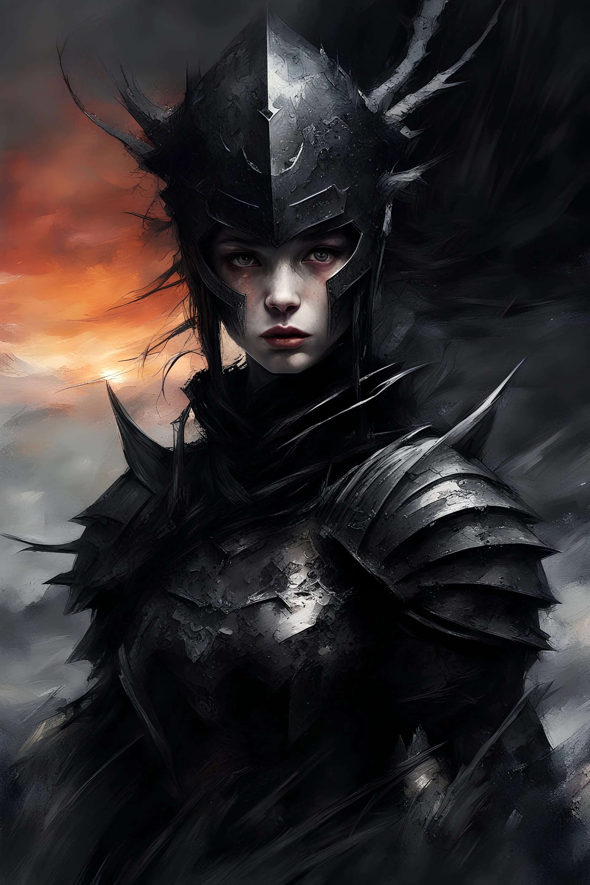 A formidable warrior girl in black armor, against the background of an amazing gloomy landscape flooded with sunset, mountains, trees, a fabulous scary hero, juicy emotions, painting, gloomy fantasy, gloomy day, dark world, portrait, oil and graphite, wide strokes, a weaving frame around, by Ryohei Hase, Agnes Cecile, Raymond Swanland, Anne Bachelier