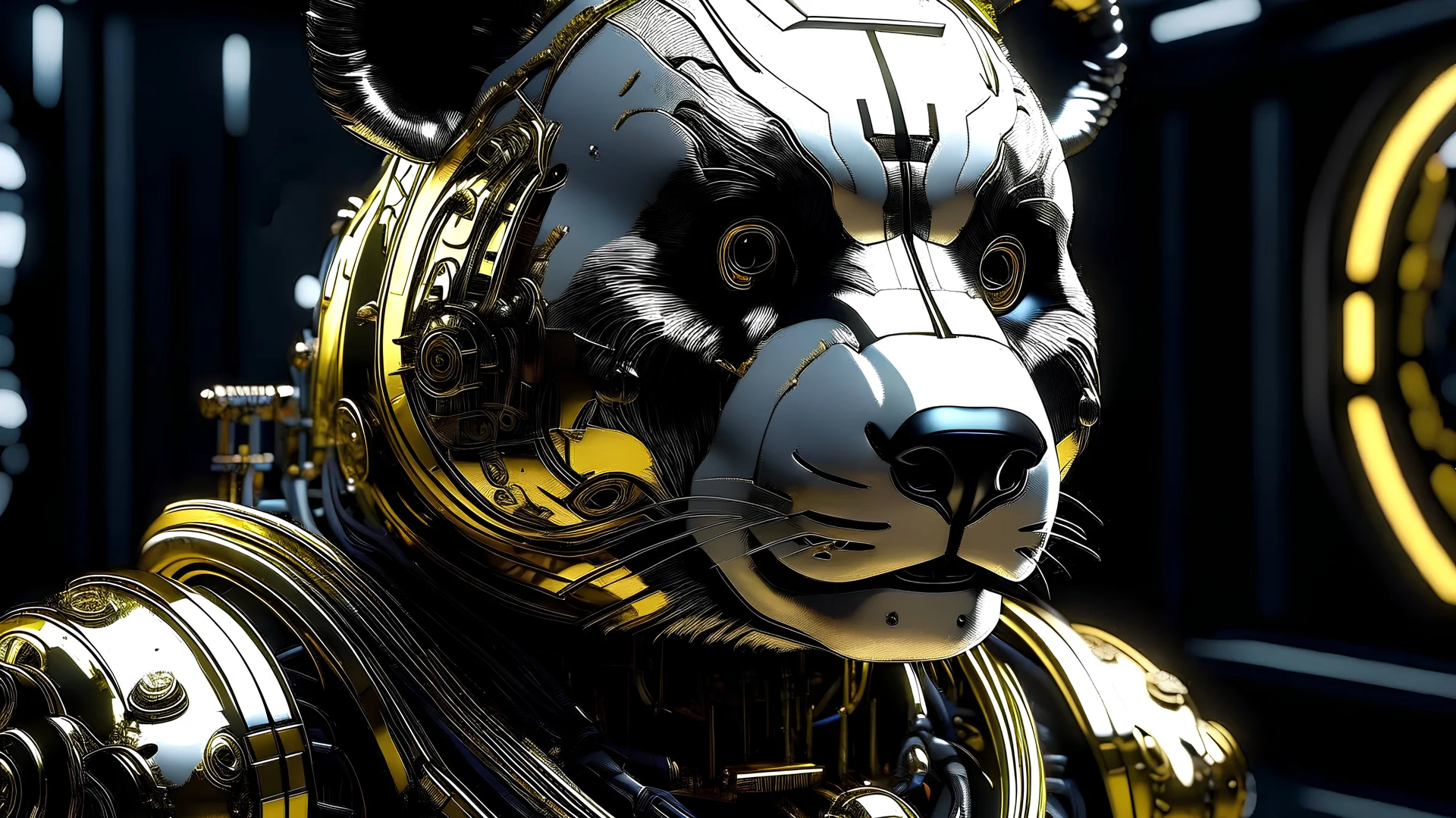 dark portrait of a detailed chrome & gold cyborg panda on a low gravity world. alien mega structures everywhere. futuristic. photoreal