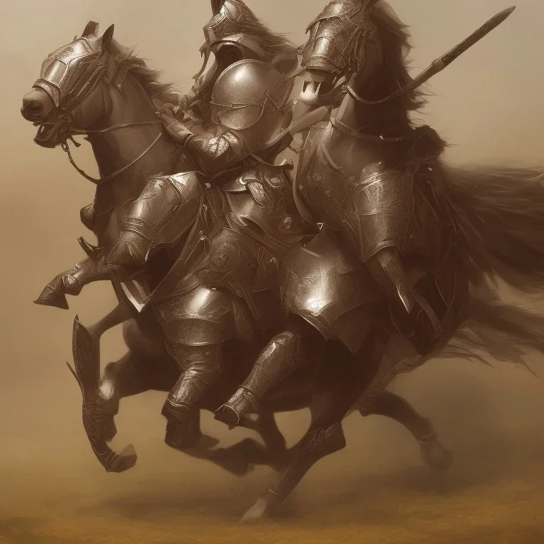 Medieval cavalry galloping. Warriors. Leather armor. Black. Sharp details. Roar.