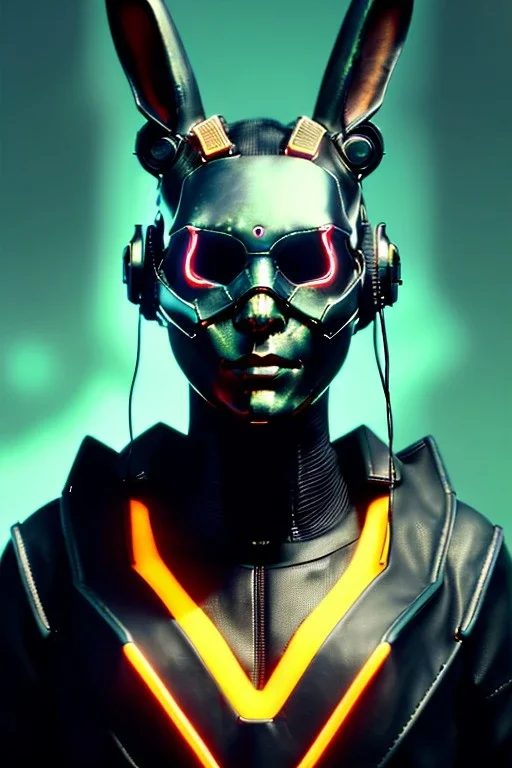 Medium Close Up Portrait, Front image. cyberpunk, rabbit mask, teenager, asian woman, cyber helmet head. Samurai dress. Yellow, black, color. Mad max style. renaissance ornaments, Color background, photo studio. Front image, highly detailed, concept art, smooth, unreal engine 5, ray tracing, RTX, lumen lighting, ultra detail, volumetric lighting, 3d, finely drawn, high definition, high resolution.