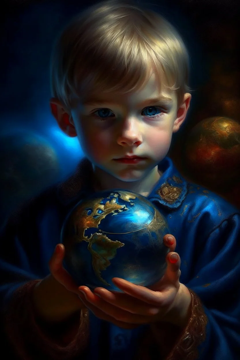 book cover illustration, oil painting portrait of metallic sleeping slightly cute smirking innocent blue eyed vampire holding small earth on a platter, bokeh , high detail, smooth render, prize winning, down light, depth of field, aura