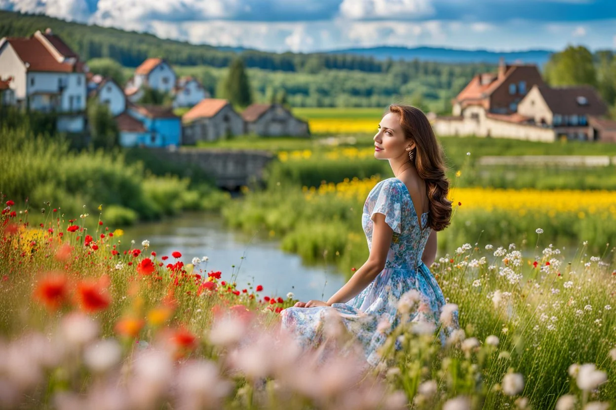 Young woman in flower field in country side ,river, houses,blue sky ,nice clouds,god rays