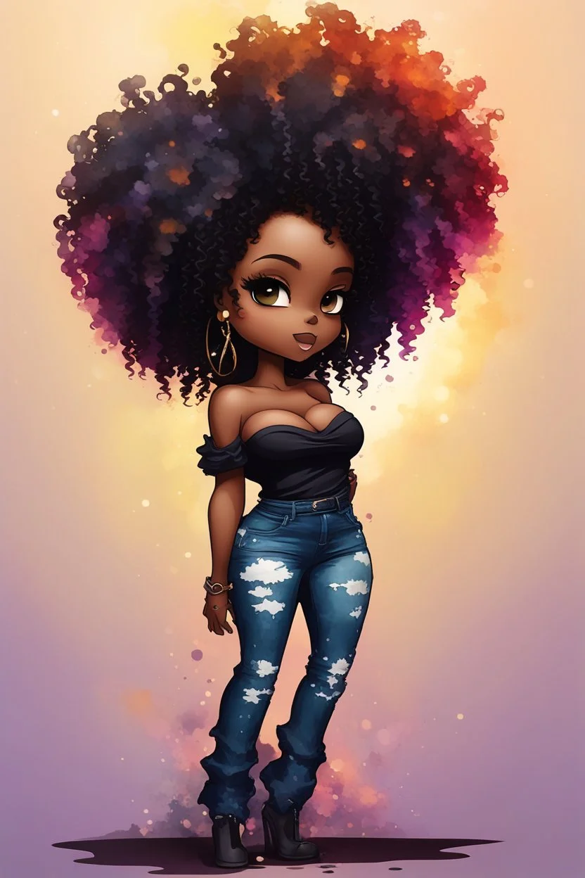 create a colorful abstract silhouette art image 8k of a chibi curvy black female wearing torn jeans pants and a black tie dye off the shoulder blouse. Prominent make up with hazel eyes. Highly detailed long tight curly afro in a hair wrap.