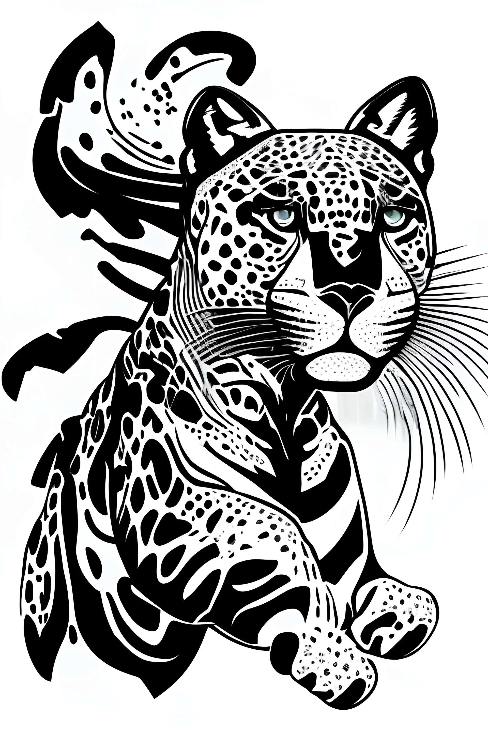 Design a vector art, line art of the "jaguar", jumping right to left
