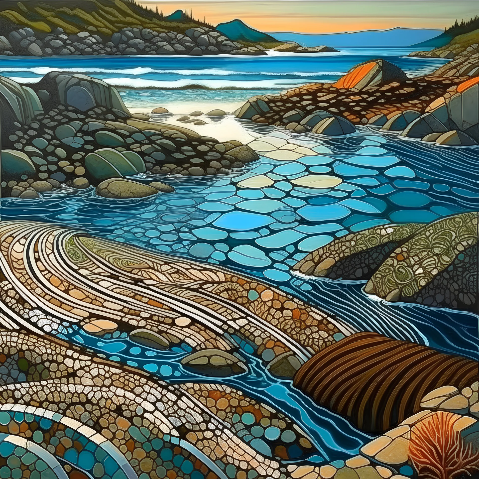 Pacific coastal tidal pools. Modifiers: fantastic view Ivan Bilibin patchwork minimalism Igor Dubovoy Yossi Kotler deeply saturated colour Alice Bailly Dramatic light and shadows mercury glass patina Svetlana Gadjieva Dark metallic tones, burnished patina clearly outlined linear forms with graceful curves Sweeping lines, bold shapes, abstracted v