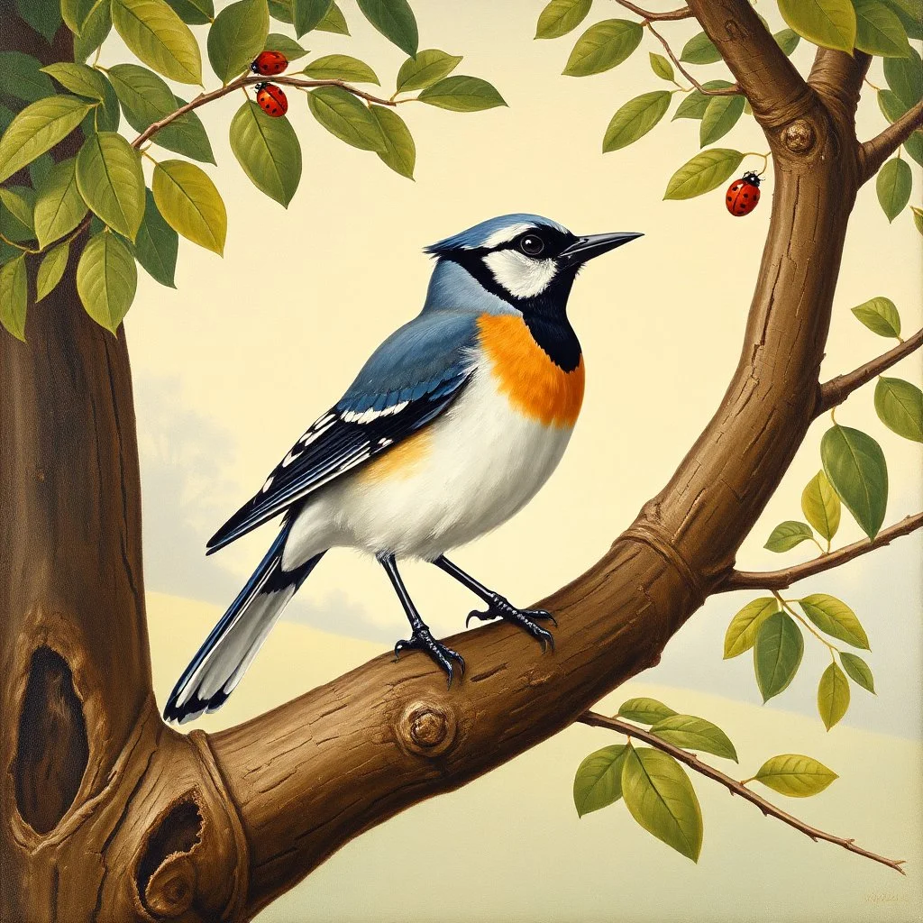 Wildlife painting in the style of Charles Tunnicliffe, showing a European Jay, perched upon the branch of a tree in the English countryside. Modifiers: oil on canvas Art Nouveau 1950s style oil on canvas wildlife art Charles Tunnicliffe ladybird books Art Nouveau oil on canvas oil on canvas