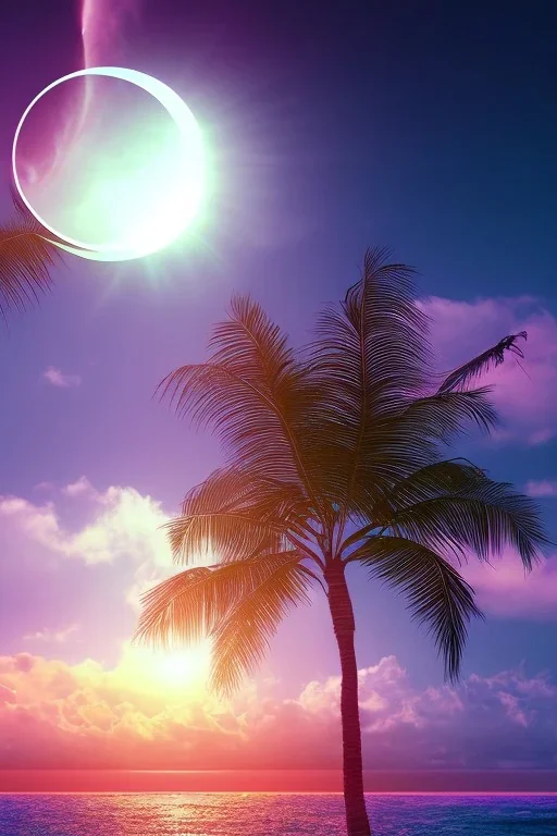 1980's vaporwave aesthetic palm trees with lightning with solar eclipse in the ocean waves sunset