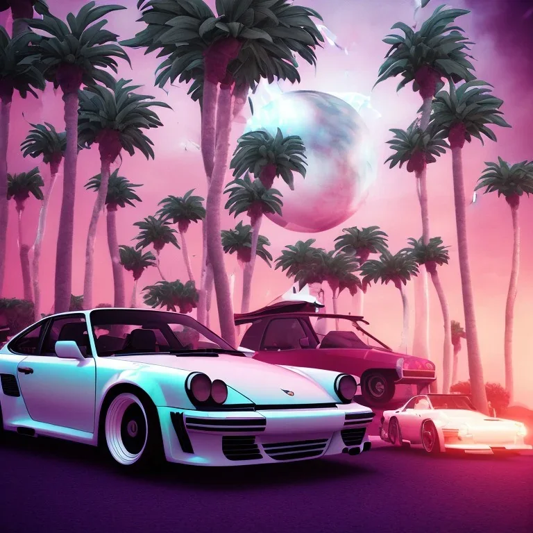 1980's aesthetic vaporwave palm trees and spheres and Porsche with lightning