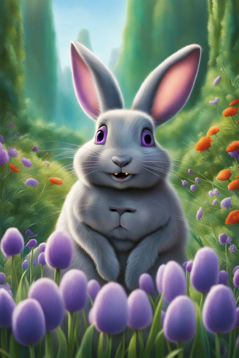 Movie poster for a Disney-Pixar movie called "Amie" about a giant gray flemish giant rabbit with purple eyes and big eyelashes