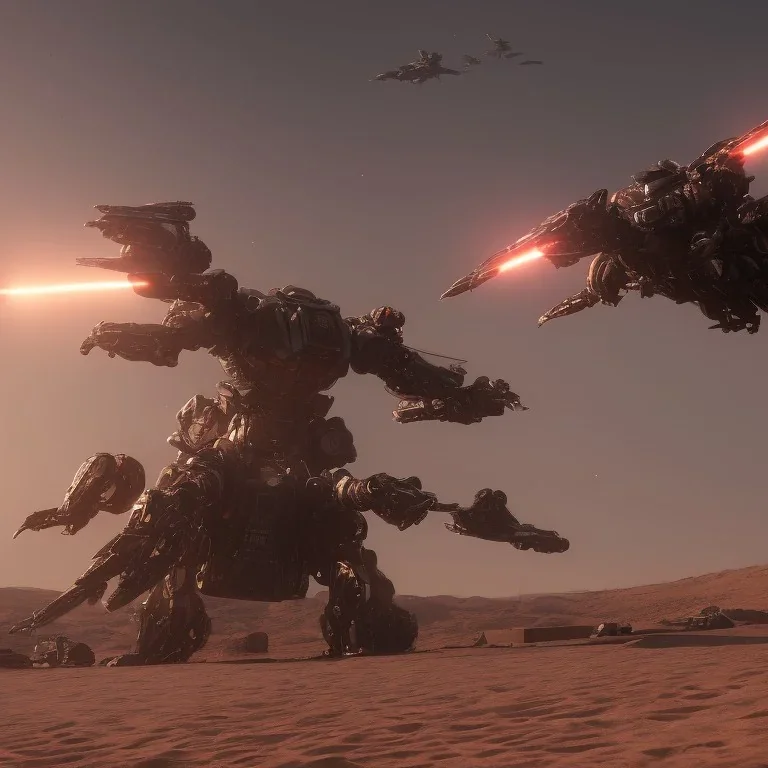 Armored Core machine robot fights another Armored Core fly in the sky in the desert with the ocean where you can see the space in the sky with the twilight on the horizon, 4k resolution