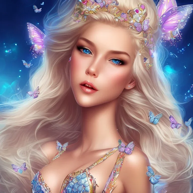  lying down beautiful face princess blond fairy smiling with sparkle jewel bikini and butterflies in hair magic