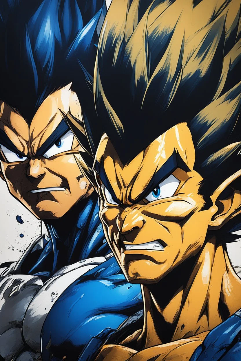 Poster in two gradually, a one side "vegeta face", another side "goku face", midle faces, painting by Yoji Shinkawa, darkblue and GOLD tones,sinister, detailed iridescent, metallic, translucent, dramatic lighting, hyper futuristic, digital art, shot with Sony Alpha a9 Il and Sony FE 200-600mm f/5.6-6.3 G OSS lens, natural light, hyper realistic photograph, ultra detailed -ar 3:2 -q 2 -s 750,malevolent goth vampire girl face and other side