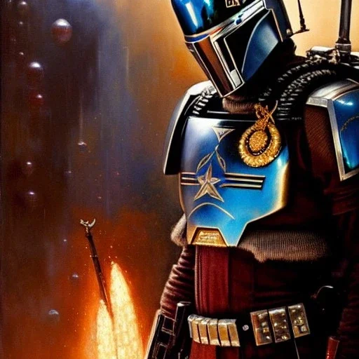 Jango Fett helmet, ancient metal helmet ,painting by gaston bussiere, greg rutkowski, yoji shinkawa, yoshitaka amano, tsutomu nihei, donato giancola, tim hildebrandt, oil on canvas, cinematic composition, extreme detail,fit full head inside picture,