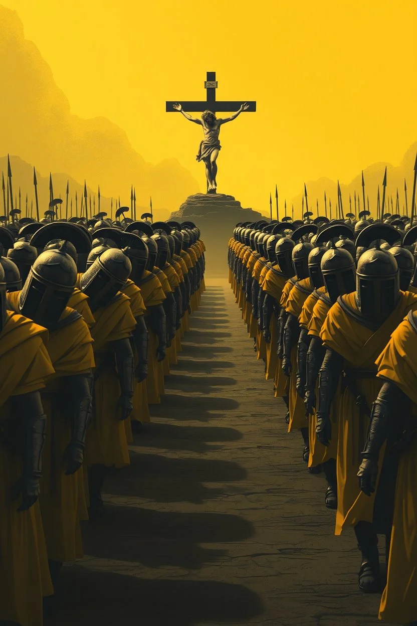 "A conceptual black-and- dark yellow, digital illustration of a massive roman warriors walking in the same direction, heads down, symbolizing conformity. Jesus on the cross in the background, The atmosphere feels lifeless and repetitive, emphasizing the ordinary mindset of the majority."