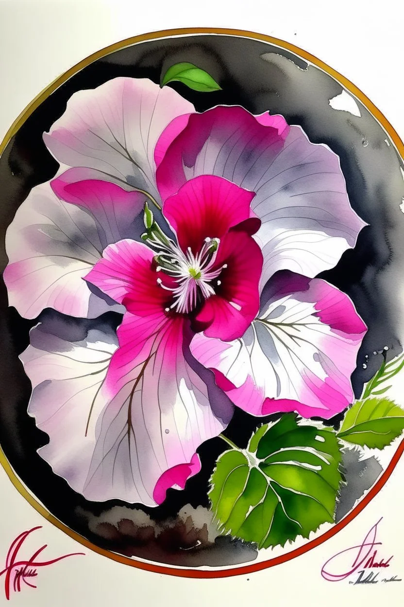 Dinner Plate Hibiscus on the Appalachian Trail; Ink wash with pink and purple hibiscus