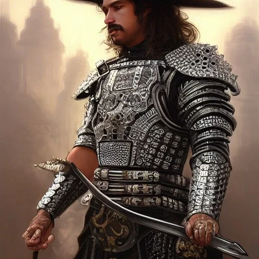 portrait,"Insanely detailed photograph of an armored mariachi warrior with sword", mullet,intricate chainmail charo,large Sombrero,elegant, detailed D20 flair, digital painting, artstation, concept art, smooth, sharp focus, illustration, art by artgerm and greg rutkowski and alphonse mucha, 8 k