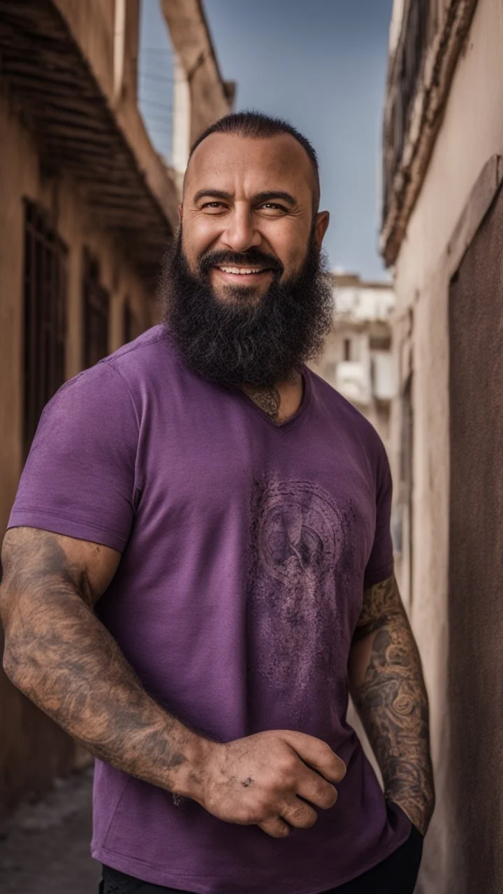 full figure photography of dirty smiling marocan burly muscular chubby strong man 38 years old with long raided beard, shaved hair, tattoo, photorealistic ,dressed with a purple torn and broken t-shirt, side light, outdoor in a dirty street