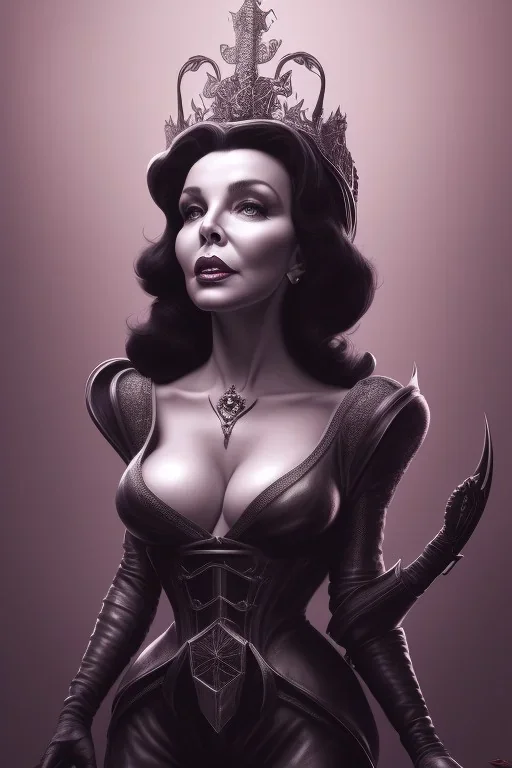 Joan Collins as evil queen in black leather, leather, busty, cleavage, angry, stern look. character design by cory loftis, fenghua zhong, ryohei hase, ismail inceoglu and ruan jia. unreal engine 5, artistic lighting, highly detailed, photorealistic, fantasy