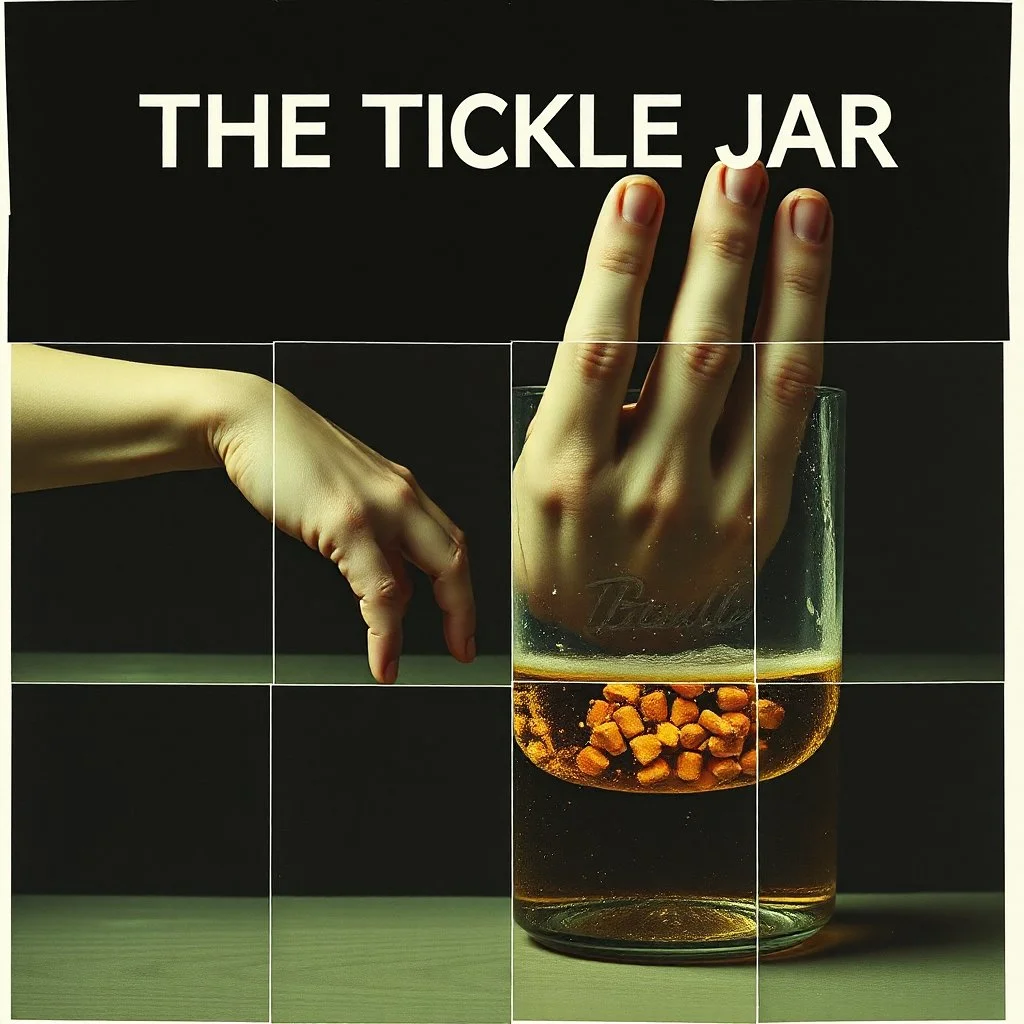 unbalanced color photographic collage featuring dark negative space, TEXT "THE TICKLE JAR", nihilistic, segmented arm conveyor belt of fingers, sequencing image coherence across multiple panels, foreboding, finger brine, quirky juxtapositions