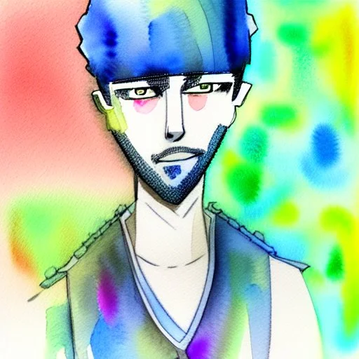 Male cypebpunk character connected to AI exploring other AI - Watercolour and Watercolour Painted Style - Jenny Rainey Style