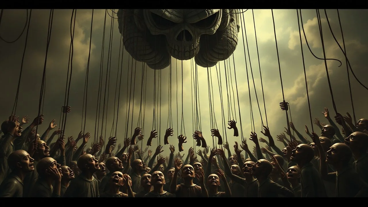 a corrupt government looms above, pulling the strings of hundreds of puppets below, the news broadcasts the puppets' suffering everywhere, dystopian, dread, horror