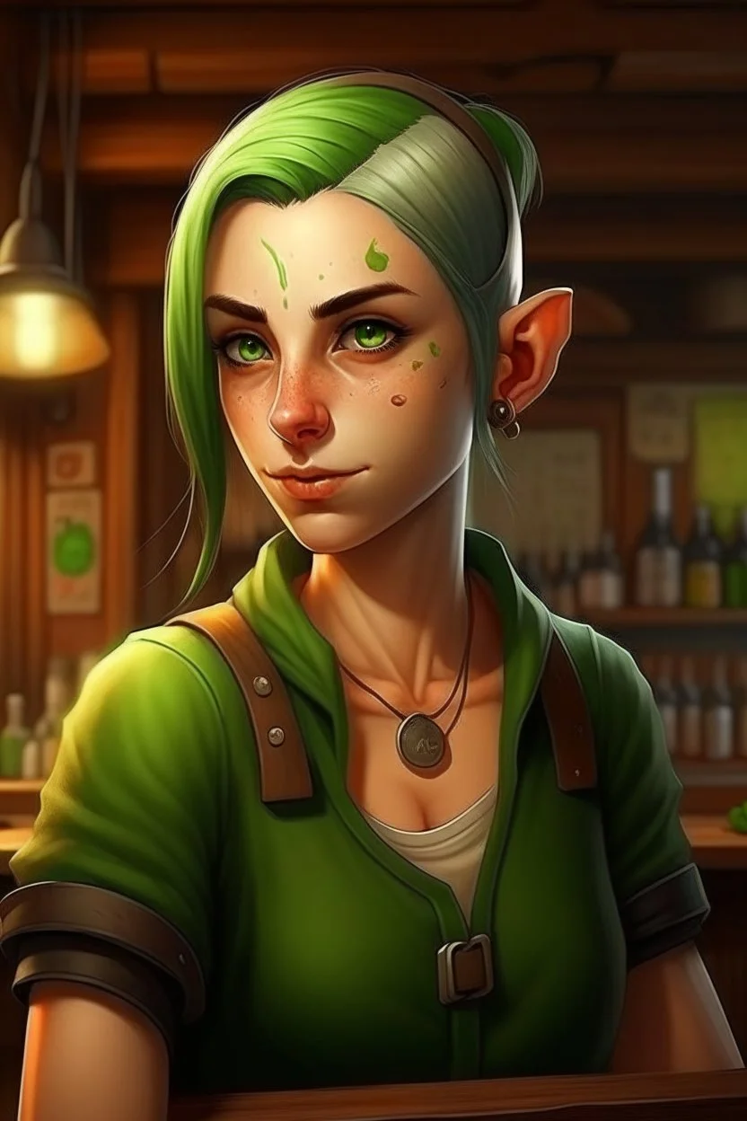 strong tomboy young woman who works at a tavern with pointy ears and green skin realistic