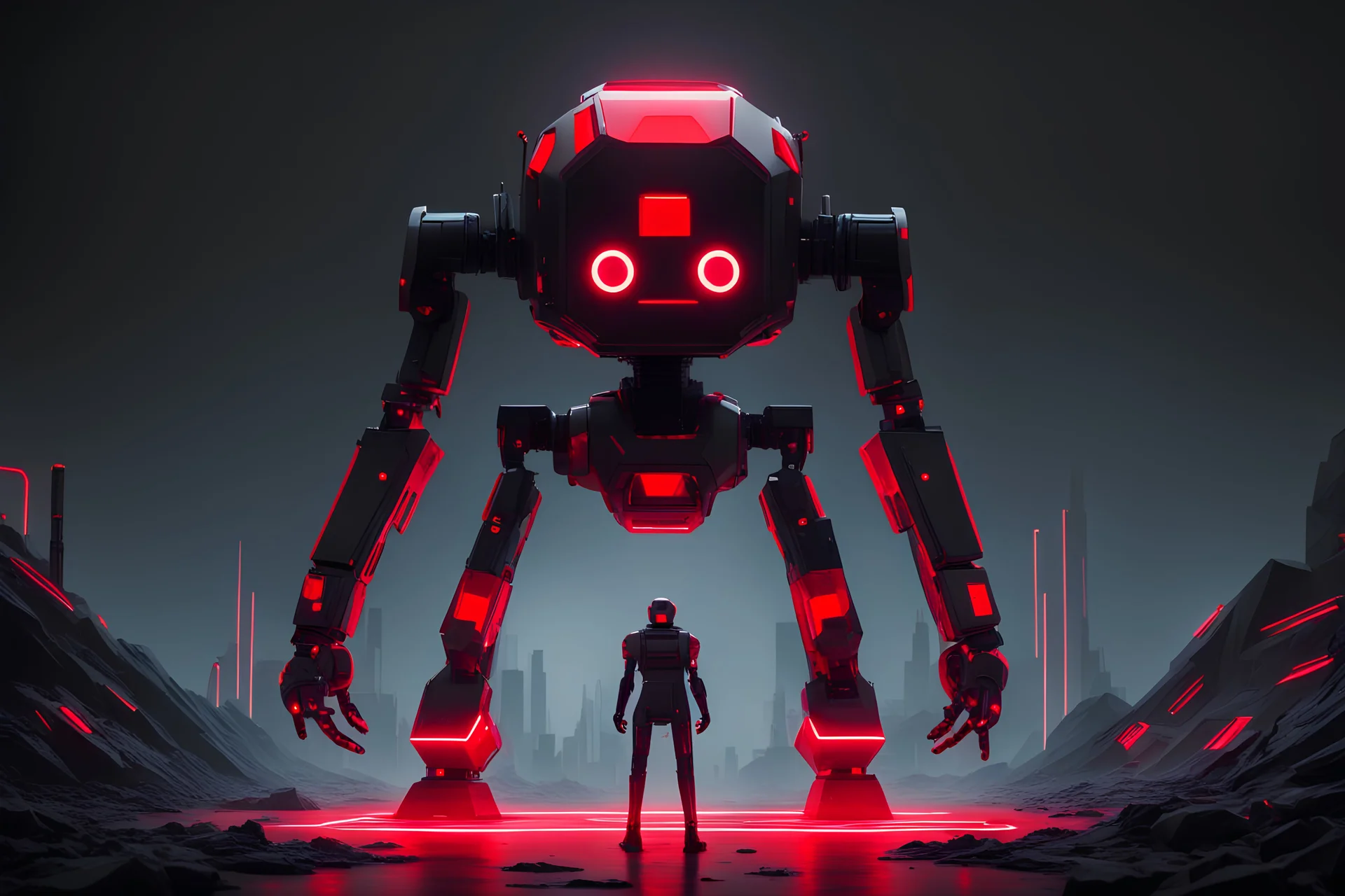 a colossal geometric hypermodern black and red neon bipedal robot with 1 ominous hexagonal eye staring at a person roaming in a monochrome black world far away