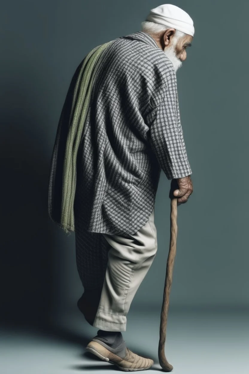 An old man wearing an Arabic keffiyeh, his back bent, walking barefoot, holding his cane upside down, looking back and holding his shoe in his hand.