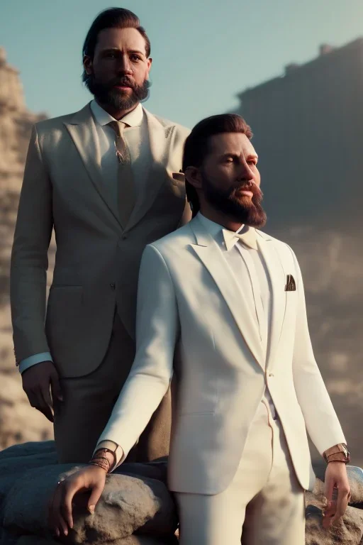 8K, a Highly detailed stunning image of Dom man with a submissive woman, white suit, beard, and short hair,