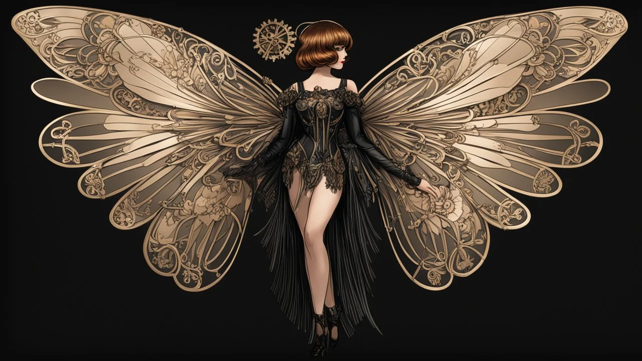 Full Body, Art Nouveau Woman With A Bob With A Fringe Hairstyle, 1920s Clothing, Steampunk Metal Moth wings, Black Background