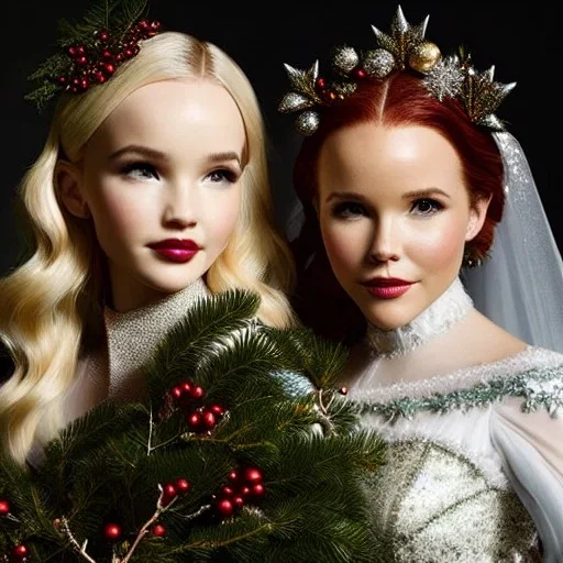 Dove cameron and teen robyn lively, meticulously detailed beautiful faces, meticulously detailed hair; christmas, snow, gothic, sparkles; ethereal fantasy. hues of christmas. hideo kojima. realistic oil painting. victorian era, glitter, snowflakes, holly, pinecones, old fashioned, vintage, antique, beautiful, renaissance, 16k