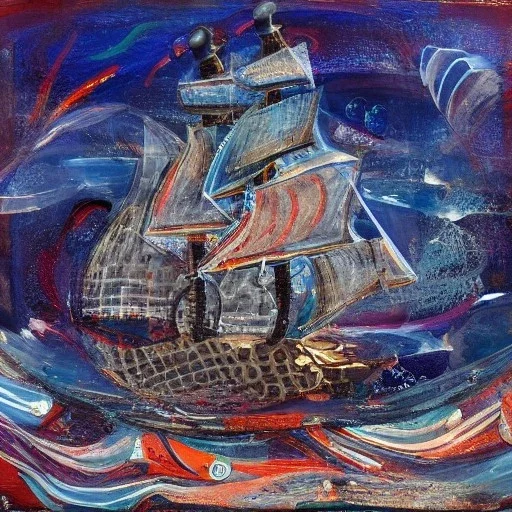 Beautiful pirate ship in the ocean in the style of Abstract Expressionism, complex, incomprehensible, 3D, voluminous, symmetrical, artistic, 4K, 8K