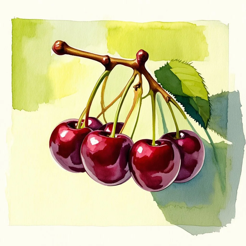 Exquisitely detailed branch of large, shiny, plump, juicy, very dark red-burgundy-colored cherries in watercolor, sunlit. Full-screen, wide-screen, sharp-focus, very close up. The background of the illustration extending all the way to the edges of the paper is a very small, very detailed mini-Cubist canvas, with style elements recalling Juan Gris, Paul Cézanne and Paul Klee, intricate, colored in a delicate, washed-out yellow-green-apricot abstract pattern with outline details. The watercolor i