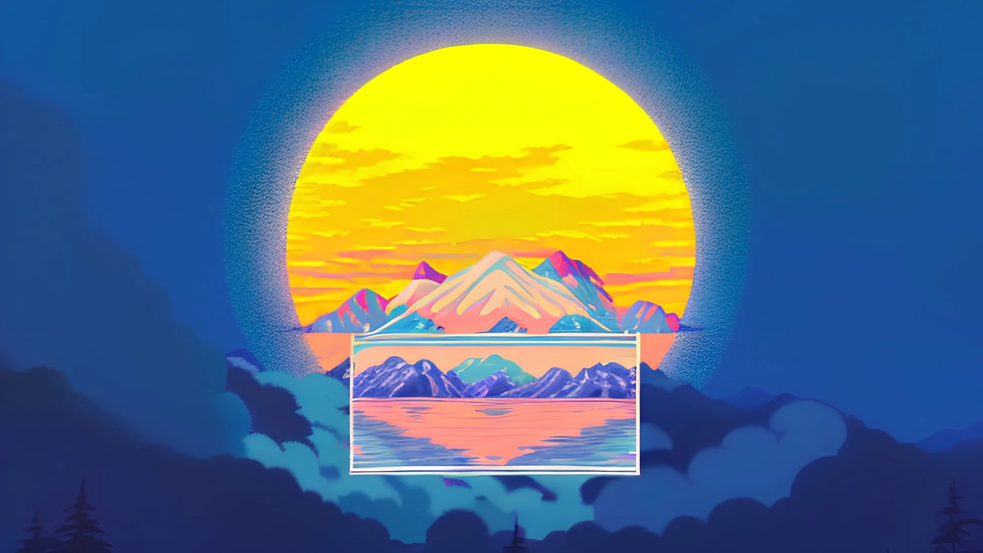 subject=(yeti), background=(mountains, alberta, forest fires, burning), time=(sunset), style=(vaporwave)